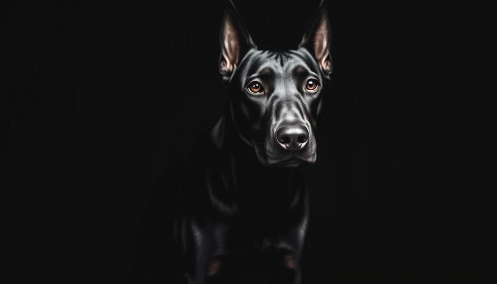 A majestic all-black Doberman stands proudly, its sleek, muscular body radiating intelligence and confidence. The dog's piercing gaze is captured in a tight close-up, its eyes conveying a deep, penetrating intensity. Dramatic low-angle lighting casts dramatic shadows, accentuating the Doberman's angular features and bold, regal bearing. The background is a minimalist, high-contrast monochrome setting, allowing the dog's powerful presence to dominate the frame. This image embodies the noble, alert, and fiercely loyal character traits associated with the all-black Doberman breed.