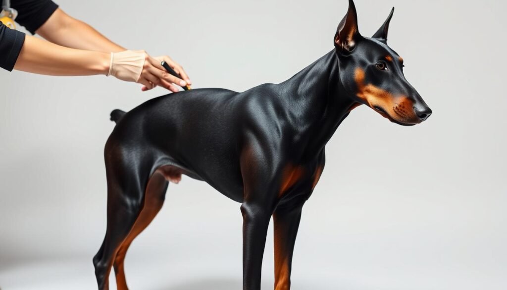 A meticulously groomed all-black Doberman stands proudly in a well-lit studio setting. The dog's sleek, shiny coat gleams under the soft, diffused lighting, highlighting its muscular, elegant frame. The groomer's skilled hands delicately brush and trim the dog's fur, ensuring a flawless, uniform appearance. In the background, a neutral, minimalist backdrop creates a clean, professional atmosphere, allowing the Doberman's striking features to take center stage. The composition is carefully balanced, capturing the essence of the dog's regal presence and the attention to detail required for its specialized grooming needs.