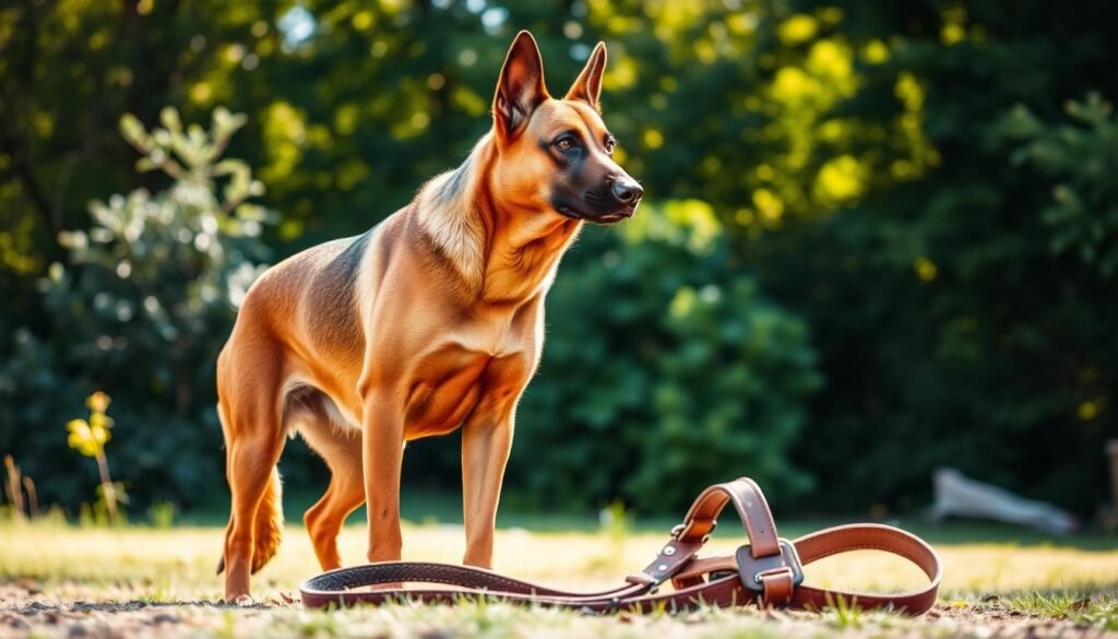 A muscular German Shepherd Doberman cross stands alert, its powerful body poised for action. Sunlight filters through a lush, verdant backdrop, illuminating the dog's sleek, chestnut-colored coat. Its keen gaze is fixed, radiating focus and determination as it undergoes rigorous training exercises. The animal's movements are fluid, its muscles rippling with controlled strength. In the foreground, a weathered leather leash and harness lie ready, evoking the disciplined bond between handler and canine. The scene exudes an air of purpose and discipline, capturing the essence of training this unique hybrid breed.
