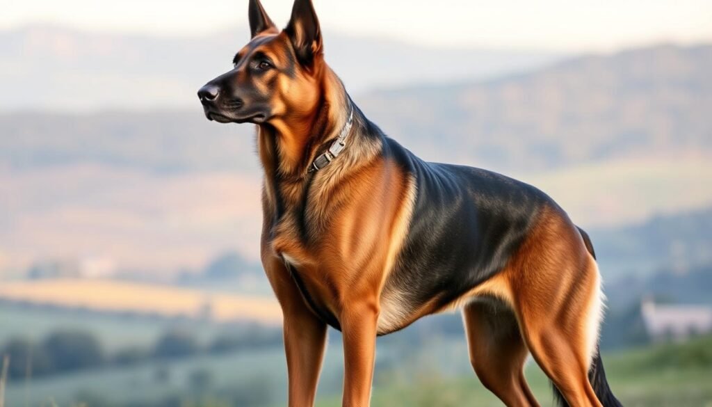 A muscular German Shepherd Doberman hybrid dog standing alert, its bi-colored coat glistening in the soft morning light. The dog's powerful physique and keen expression convey its intelligence and protective nature. In the background, a serene countryside landscape unfolds, with rolling hills and a distant forest, setting a tranquil mood. The image captures the breed's potential health concerns, such as joint problems and temperament, inviting the viewer to explore the challenges and considerations of this unique cross.