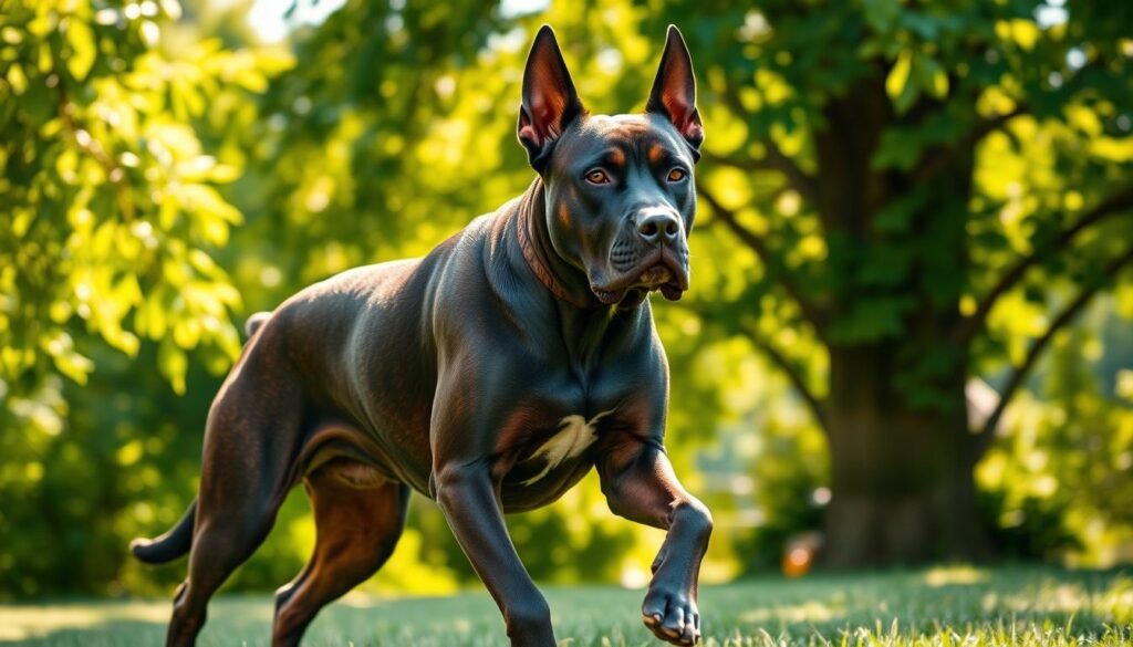 A powerful Cane Corso Doberman mix dog, its muscular frame taut and alert, strides determinedly through a sun-dappled park. Lush green foliage frames the scene, creating a vibrant, natural backdrop. The dog's keen eyes scan the environment, radiating an air of confident focus as it engages in its daily exercise regimen. Warm, golden light filters through the leaves, casting a gentle glow on the animal's sleek, sable-colored coat. The image conveys the dog's inherent strength, agility, and the need for ample physical activity to maintain its robust health and temperament.