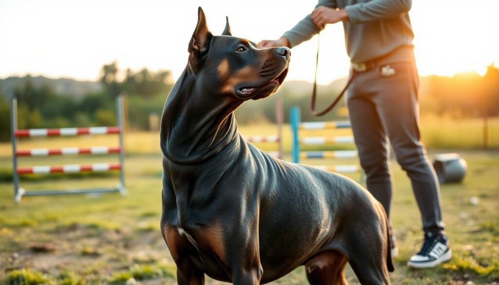 A powerful Cane Corso Doberman mix dog stands alert, its muscular frame and keen gaze radiating strength and intelligence. In the foreground, the dog is training with its handler, who guides it through obedience exercises with gentle, firm commands. The middle ground shows a well-equipped outdoor training area, with agility equipment and other training tools. The background depicts a serene, natural setting, with lush greenery and a warm, golden-hour lighting that casts a soft glow over the scene, conveying a sense of harmony and calm. The overall atmosphere is one of disciplined training, where the dog's inherent power is tempered by the handler's expertise, creating a cohesive, well-trained companion.