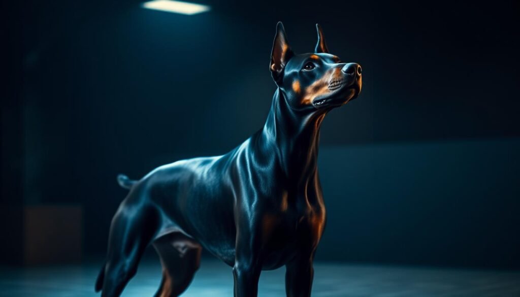 A powerful all-black Doberman stands at the center of a dimly lit training room, its muscles rippling beneath its sleek coat. The dog's intense gaze is focused intently on its handler, who guides it through a series of obedience exercises with firm yet gentle commands. Soft, dramatic lighting casts dramatic shadows, creating a moody, cinematic atmosphere. The background is blurred, keeping the viewer's attention on the dog-handler duo and the training session unfolding before them. The image conveys the strength, intelligence, and trainability of the majestic all-black Doberman breed.