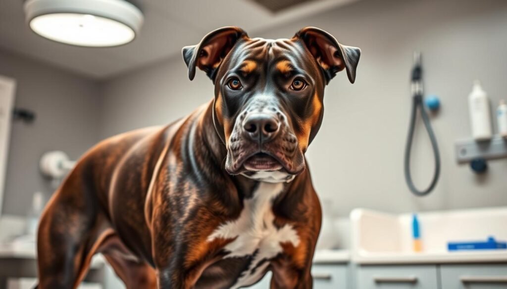 A regal pitbull-doberman hybrid stands in a softly lit veterinary examination room. Its muscular frame and alert gaze command attention, while its eyes convey a gentle, protective demeanor. The lighting casts a warm, welcoming glow, highlighting the dog's unique physical attributes - the broad chest and powerful jaws of a pitbull, blended seamlessly with the sleek, elegant features of a doberman. The background is clean and clinical, with medical equipment and supplies subtly visible, suggesting the importance of responsible ownership and attentive healthcare for this hybrid breed.