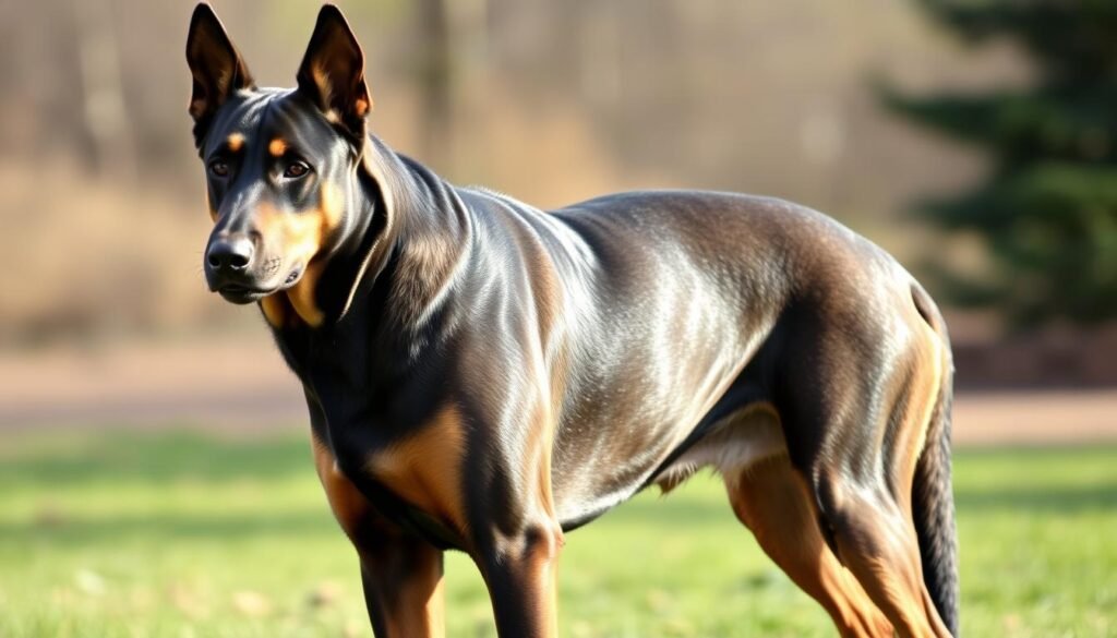 A robust, powerful German Shepherd Doberman cross breed stands confidently in a well-lit, naturalistic setting. Its muscular, athletic build is accentuated by a sleek, glossy coat that transitions from the Doberman's rich, deep black to the German Shepherd's distinctive tan and black markings. The breed's pointed ears, strong jaw, and alert gaze command attention, while its balanced, proportional frame suggests agility and intelligence. Soft, natural lighting from the side casts subtle shadows, highlighting the unique blend of its parent breeds' distinctive physical characteristics.