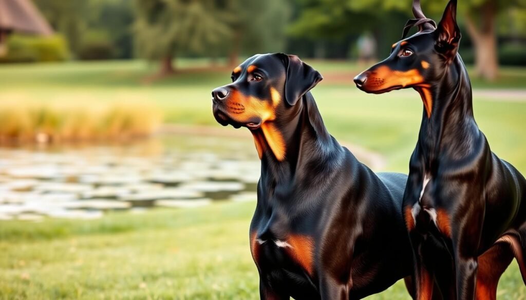 A serene park setting, with lush greenery and a shallow pond in the background. In the foreground, a Rottweiler and a Doberman stand side by side, their postures relaxed and attentive. The Rottweiler, with its muscular build and alert expression, is engaged in a friendly exchange with the Doberman, its sleek and elegant companion. Warm, diffused lighting illuminates the scene, creating a sense of tranquility and harmony. The dogs' body language conveys a positive interaction, highlighting the importance of socialization strategies for these breeds. The composition emphasizes the balanced, cooperative relationship between the two canines, reflecting the ideal depicted in the article's section on "Socialization Strategies for Rottweilers and Dobermans".