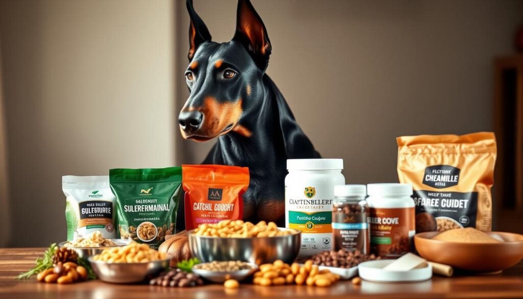 A sleek, all-black Doberman sits majestically, its powerful muscles rippling beneath a glossy coat. In the foreground, a variety of high-quality dog food and supplements are artfully arranged, showcasing the nutritional needs of this regal breed. The background is softly blurred, allowing the viewer to focus on the dog and its carefully curated diet. Warm, natural lighting casts a gentle glow, highlighting the Doberman's striking features and the carefully selected food items. The scene conveys a sense of balance, health, and the dedication required to properly care for this magnificent canine companion.