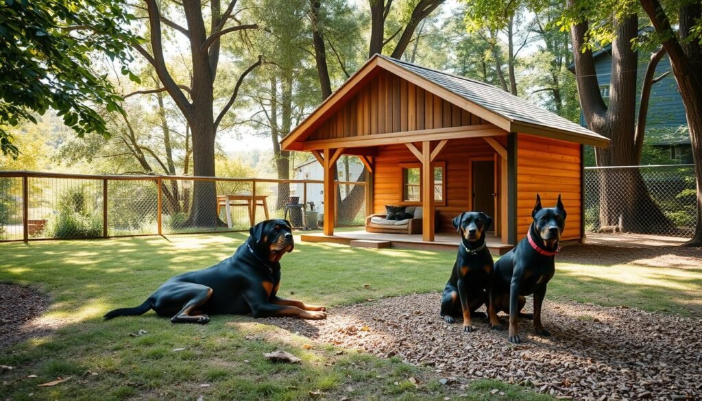 A spacious, fenced backyard with a large, sturdy dog house and play area, surrounded by lush greenery and tall trees. The house has a welcoming front porch with a cozy resting spot for the canines. Indirect natural lighting filters through the foliage, creating a warm, inviting atmosphere. The ground is covered in a mix of soft grass and durable mulch, providing a comfortable surface for the Rottweilers and Dobermans to roam, play, and relax. A robust wire mesh fence, blending seamlessly with the natural landscape, ensures the safety and security of the pets. Overall, the scene conveys a harmonious, well-designed living environment tailored to the needs and comfort of these powerful, loyal breeds.