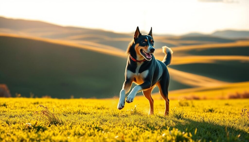 A vibrant outdoor scene depicting a Doberman and Husky mix dog engaging in energetic exercise. The muscular canine duo bounds across a lush, verdant field, their powerful strides kicking up tufts of grass. Warm, golden sunlight bathes the scene, casting long shadows and highlighting the dogs' sleek, glossy coats. In the background, rolling hills and a cloudless sky create a serene, picturesque landscape. The dynamic composition captures the dogs' boundless stamina and love for physical activity, reflecting the exercise needs of this active hybrid breed. A vibrant outdoor scene depicting a Doberman and Husky mix dog engaging in energetic exercise. The muscular canine duo bounds across a lush, verdant field, their powerful strides kicking up tufts of grass. Warm, golden sunlight bathes the scene, casting long shadows and highlighting the dogs' sleek, glossy coats. In the background, rolling hills and a cloudless sky create a serene, picturesque landscape. The dynamic composition captures the dogs' boundless stamina and love for physical activity, reflecting the exercise needs of this active hybrid breed.
