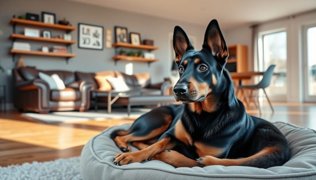 A well-appointed home setting where a German Shepherd Doberman mix can thrive. In the foreground, the hybrid canine lounges comfortably on a plush dog bed, its alert gaze surveying the room. The middle ground features a cozy living area with a leather sofa and armchair, complemented by wooden shelves displaying personalized decor. Natural light streams in through large windows, casting a warm, welcoming glow. The background depicts a spacious, open-concept floorplan with hardwood floors and minimalist furnishings, creating a harmonious, calming ambiance ideal for the energetic yet trainable mixed breed.