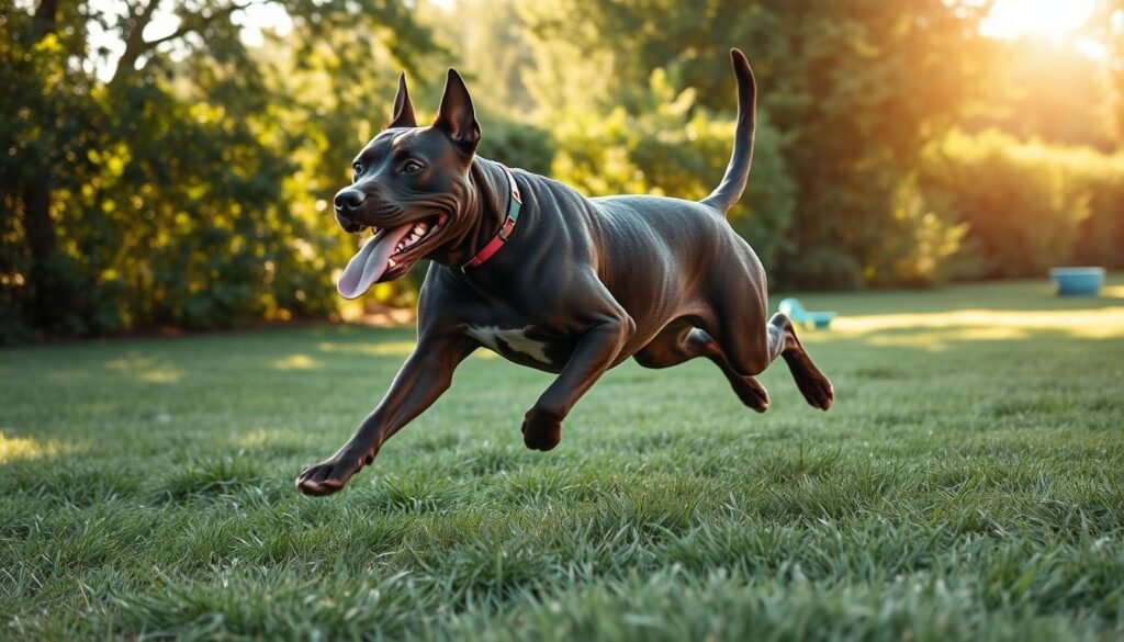 A well-muscled Pitbull Doberman Mix dog running energetically on a grassy field, surrounded by lush greenery and a bright, warm afternoon sky. The dog's powerful frame is in motion, showcasing its athletic prowess as it bounds forward, tongue hanging out in a playful expression. Sunlight filters through the leaves, creating a dappled effect that highlights the dog's sleek coat and defined musculature. In the background, a few toys and a water bowl suggest a well-equipped outdoor play area, emphasizing the active lifestyle and exercise needs of this hybrid breed.