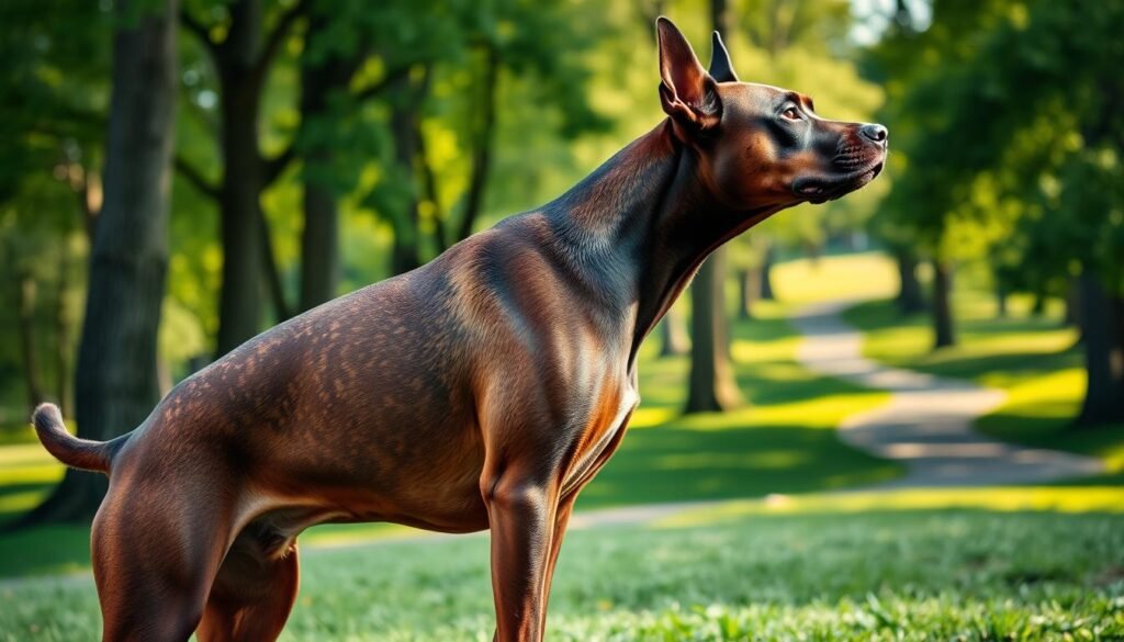 A well-trained Pitbull Doberman mix in a focused, attentive stance, its powerful muscles rippling as it eagerly awaits the next command from its owner. The dog's short, sleek coat gleams in the warm, natural lighting, the combination of its Pitbull and Doberman features creating a striking, imposing presence. In the background, a lush, verdant park setting with tall trees and a winding path, providing the perfect backdrop for this dynamic training session. The overall scene radiates a sense of discipline, strength, and the deep bond between the human and their canine companion.