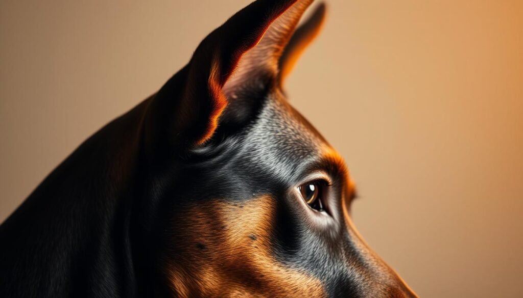 Detailed close-up portrait of a Doberman's ear, showcased against a soft, blurred background. The ear is prominently featured, with intricate textures and folds visible. Gentle warm lighting from the side accentuates the depth and contours. The image conveys a sense of curiosity and invitation to explore the myths and misconceptions surrounding this iconic breed's distinctive features. Subtle vignetting draws the viewer's focus to the central subject. Captured with a shallow depth of field using a professional-grade camera lens, resulting in a dreamlike, artistic quality. Detailed close-up portrait of a Doberman's ear, showcased against a soft, blurred background. The ear is prominently featured, with intricate textures and folds visible. Gentle warm lighting from the side accentuates the depth and contours. The image conveys a sense of curiosity and invitation to explore the myths and misconceptions surrounding this iconic breed's distinctive features. Subtle vignetting draws the viewer's focus to the central subject. Captured with a shallow depth of field using a professional-grade camera lens, resulting in a dreamlike, artistic quality.