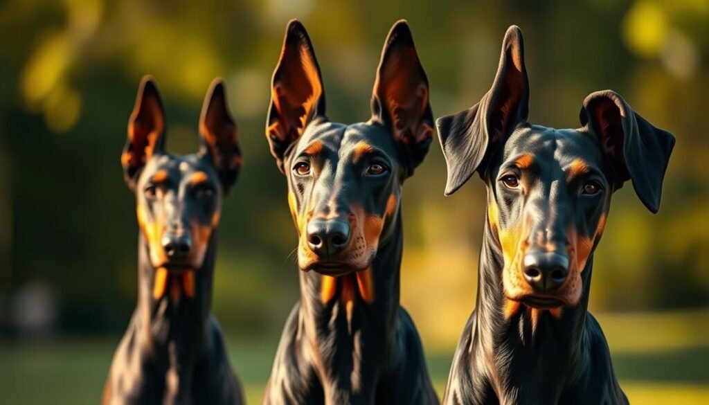 Doberman ear styles evolution: a detailed historical progression showcasing the transformative journey of this iconic canine's distinctive ears. A striking foreground displays the striking pointed ears of the traditional Doberman, while the middle ground depicts the gradual softening and rounding of the ear shape. In the background, a faint silhouette illustrates the modern floppy-eared Doberman variant, bathed in warm, natural lighting that accentuates the nuanced textures and contours of the ears. The overall composition conveys a sense of transition and the gradual refinement of this breed's signature feature, captured through a cinematic, high-resolution lens. Doberman ear styles evolution: a detailed historical progression showcasing the transformative journey of this iconic canine's distinctive ears. A striking foreground displays the striking pointed ears of the traditional Doberman, while the middle ground depicts the gradual softening and rounding of the ear shape. In the background, a faint silhouette illustrates the modern floppy-eared Doberman variant, bathed in warm, natural lighting that accentuates the nuanced textures and contours of the ears. The overall composition conveys a sense of transition and the gradual refinement of this breed's signature feature, captured through a cinematic, high-resolution lens.
