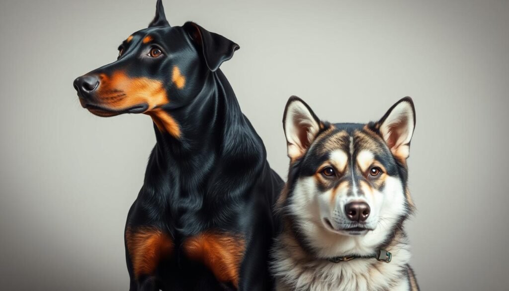 Majestic Canine Coexistence: A Doberman and Husky Mix in Harmonious Repose. A powerful, muscular Doberman stands tall, its keen gaze radiating intelligence and alertness. Beside it, a fluffy Husky with piercing eyes and a striking coat, exuding a sense of playful curiosity. The two breeds, known for their distinct personalities, are captured in a moment of peaceful coexistence, their complementary traits creating a captivating synergy. Soft, diffused lighting illuminates the scene, lending a serene, contemplative atmosphere. The image conveys the harmonious temperament of this unique mixed-breed, a testament to the adaptability and companionship these dogs can offer. Majestic Canine Coexistence: A Doberman and Husky Mix in Harmonious Repose. A powerful, muscular Doberman stands tall, its keen gaze radiating intelligence and alertness. Beside it, a fluffy Husky with piercing eyes and a striking coat, exuding a sense of playful curiosity. The two breeds, known for their distinct personalities, are captured in a moment of peaceful coexistence, their complementary traits creating a captivating synergy. Soft, diffused lighting illuminates the scene, lending a serene, contemplative atmosphere. The image conveys the harmonious temperament of this unique mixed-breed, a testament to the adaptability and companionship these dogs can offer.