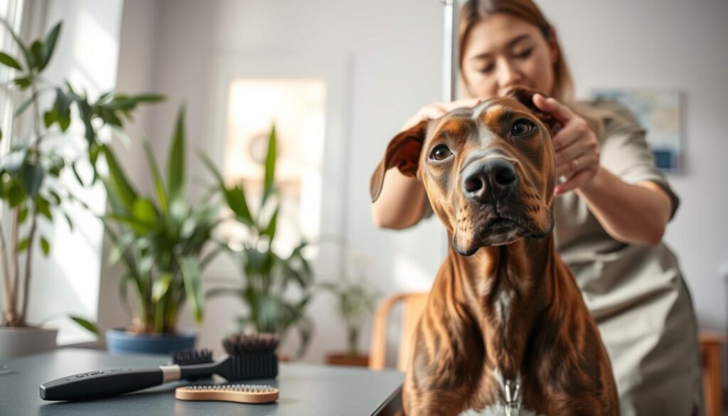 A Boxer Doberman mix is being groomed in a bright, well-lit room. In the foreground, the focus is on the dog's sleek, short coat, showcasing its shiny fur while being brushed gently by a person in modest casual clothing. The groomer's attentive expression conveys care and affection. In the middle ground, grooming tools like brushes and a comb are neatly arranged on a table, highlighting the grooming process. The background features a vibrant, inviting home environment with soft lighting and green plants, creating a warm and calming atmosphere. The angle captures both the dog and the groomer, emphasizing the bond and grooming care provided. A Boxer Doberman mix is being groomed in a bright, well-lit room. In the foreground, the focus is on the dog's sleek, short coat, showcasing its shiny fur while being brushed gently by a person in modest casual clothing. The groomer's attentive expression conveys care and affection. In the middle ground, grooming tools like brushes and a comb are neatly arranged on a table, highlighting the grooming process. The background features a vibrant, inviting home environment with soft lighting and green plants, creating a warm and calming atmosphere. The angle captures both the dog and the groomer, emphasizing the bond and grooming care provided.