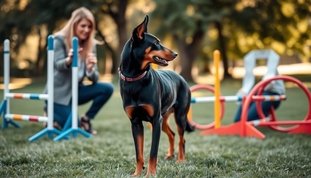 A Doberman Australian Shepherd Mix is performing training exercises in a lush green park setting. In the foreground, the intelligent and alert dog, featuring a sleek black and tan coat with distinctive Australian Shepherd markings, is focused on its trainer, a person dressed in professional casual attire, kneeling and giving commands with a positive demeanor. The middle ground showcases colorful agility equipment like jumps and tunnels, symbolizing the high energy required for training. In the background, soft sunlight filters through the trees, creating a warm and inviting atmosphere. The composition captures the bond between the dog and trainer, emphasizing the mix’s intelligence and eagerness to learn, framed with a depth of field that keeps the focus on the dog and trainer.