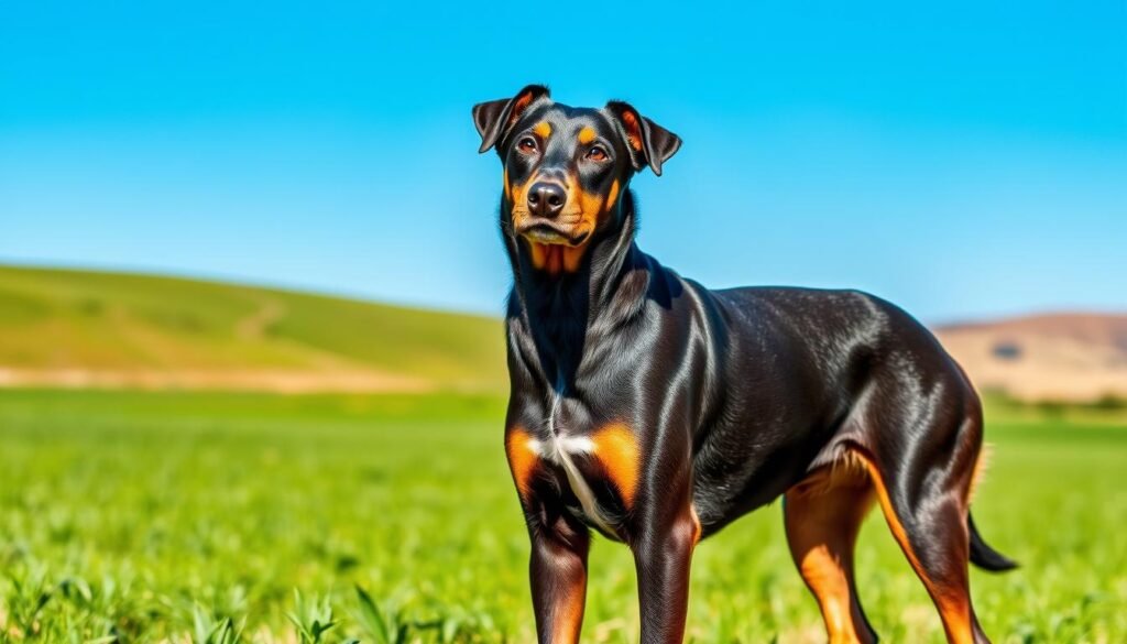 A Doberman Australian Shepherd mix stands majestically in the foreground, displaying a blend of both breeds' coats. The dog features a striking coat with hues of rich black, chocolate brown, and subtle tan highlights, showcasing the distinctive markings of a Doberman while incorporating the Australian Shepherd's merle pattern. The dog's alert, intelligent expression is captured in natural lighting, accentuating its muscular build and expressive eyes. In the middle ground, a lush green field stretches out, hinting at the breed's herding instincts. The background features a gently rolling landscape under a bright blue sky, adding to the vibrant atmosphere, reflecting the dog's energetic and playful nature. The scene is composed from a slightly low angle, emphasizing the dog's stature and presence while creating a warm, inviting mood.