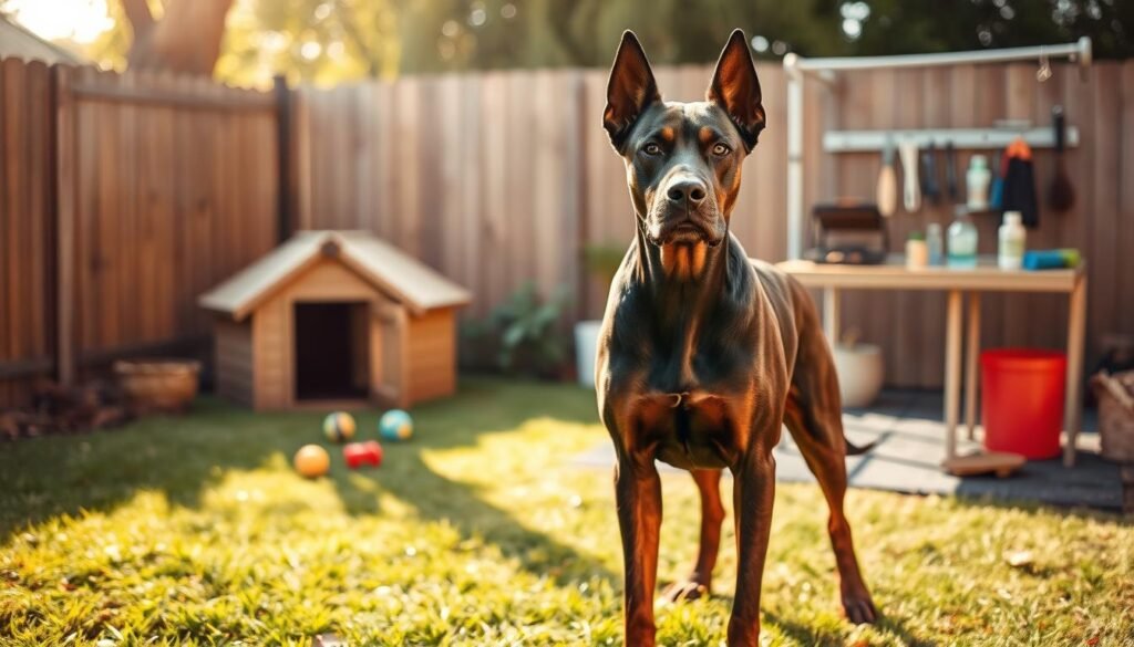 A Doberman Cane Corso mix dog, showcasing its muscular build and confident demeanor, stands proudly in a well-maintained backyard. In the foreground, close-up details highlight the dog's shiny coat and alert expression, while the middle ground features a grassy area with toys scattered around, indicating an active lifestyle. In the background, a cozy kennel is positioned next to a small grooming station with brushes and pet care products, emphasizing care and maintenance. The scene is bathed in warm, natural sunlight, creating a welcoming atmosphere, with a slight lens flare for a soft, inviting touch. This image captures the essence of responsible pet ownership and care, embodying the strong, loyal spirit of this hybrid breed.