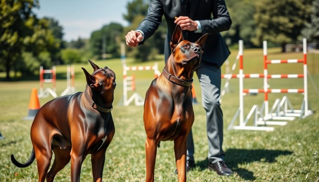 A Doberman Cane Corso mix, showcasing its muscular build and confident stance, is being actively trained by a professional dog trainer in a sunny outdoor setting. In the foreground, the dog is fully engaged, wearing a sturdy training collar, with its sleek coat glistening under the sunlight. The trainer, dressed in a smart casual outfit, uses positive reinforcement techniques, holding a treat at eye level. In the middle ground, various training equipment like cones and agility hurdles are arranged neatly, emphasizing a structured training environment. The background features a green open field, dotted with trees, enhancing the vibrant and focused atmosphere of the training session. The image captures determination and collaboration, highlighting the bond between the trainer and the dog. The overall mood is inspiring and optimistic, showcasing the hybrid’s potential as a dedicated guardian.