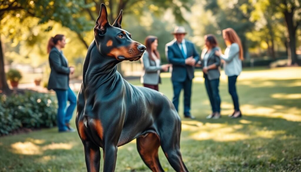 A Doberman Cane Corso mix stands confidently in the foreground, its muscular build showcasing a blend of strength and elegance. The dog's shiny black coat gleams in warm, soft lighting, highlighting its alert and intelligent expression. In the middle ground, a diverse group of people, dressed in professional attire, engage with the dog, showcasing various socialization techniques. The scene is set in a lush park with greenery, providing an inviting atmosphere. In the background, gentle sunlight filters through trees, creating dappled light patterns on the grass. The overall mood is uplifting and friendly, emphasizing the importance of socialization for this mixed breed, as the interaction illustrates the bond and trust being built between the dog and the people.