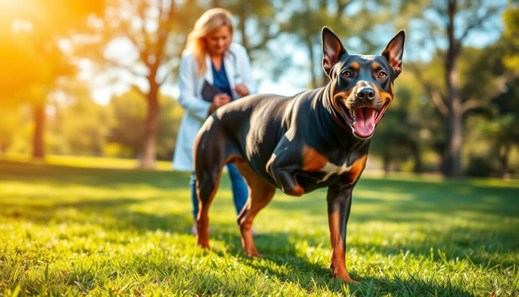 A Doberman Pinscher-Pitbull mix in a healthy and playful stance, showcasing its strong, muscular build. In the foreground, the dog's glossy coat shines in warm sunlight, highlighting its unique color blend of black and tan. The dog is playfully standing on a lush green lawn, with its ears perked up and a joyful expression. In the middle ground, include a veterinarian in professional attire, gently examining the dog, emphasizing health considerations. The background features a peaceful park setting with blurred trees and a clear blue sky, creating a serene atmosphere. Use soft, natural lighting to enhance the warm, inviting mood of the scene, ensuring a focus on the bond between the dog and the veterinarian.