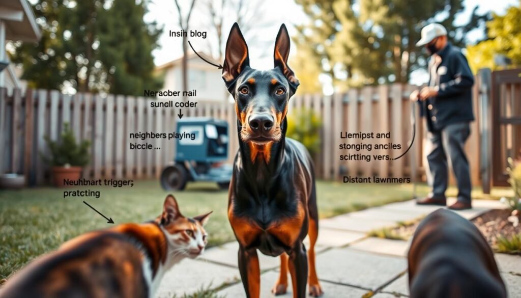 A Doberman Pinscher stands alert in a suburban backyard, its ears perked up, showcasing a responsive demeanor to various environmental triggers. In the foreground, a neighbor's cat prowls nonchalantly, while a mailman approaches the front gate, creating a moment of tension. The middle ground features an assortment of typical triggers, including children playing, a passing bicycle, and distant lawnmowers, all contributing to the dog’s heightened awareness. The background includes a well-maintained fence and trees, suggesting a warm, sunny day to enhance the atmosphere. The scene is captured with natural, soft lighting to emphasize the vivid colors of the dog’s coat and surroundings. The angle is slightly low, focusing on the dog's expression, conveying curiosity and attentiveness while keeping the setting safe and relatable. A Doberman Pinscher stands alert in a suburban backyard, its ears perked up, showcasing a responsive demeanor to various environmental triggers. In the foreground, a neighbor's cat prowls nonchalantly, while a mailman approaches the front gate, creating a moment of tension. The middle ground features an assortment of typical triggers, including children playing, a passing bicycle, and distant lawnmowers, all contributing to the dog’s heightened awareness. The background includes a well-maintained fence and trees, suggesting a warm, sunny day to enhance the atmosphere. The scene is captured with natural, soft lighting to emphasize the vivid colors of the dog’s coat and surroundings. The angle is slightly low, focusing on the dog's expression, conveying curiosity and attentiveness while keeping the setting safe and relatable.