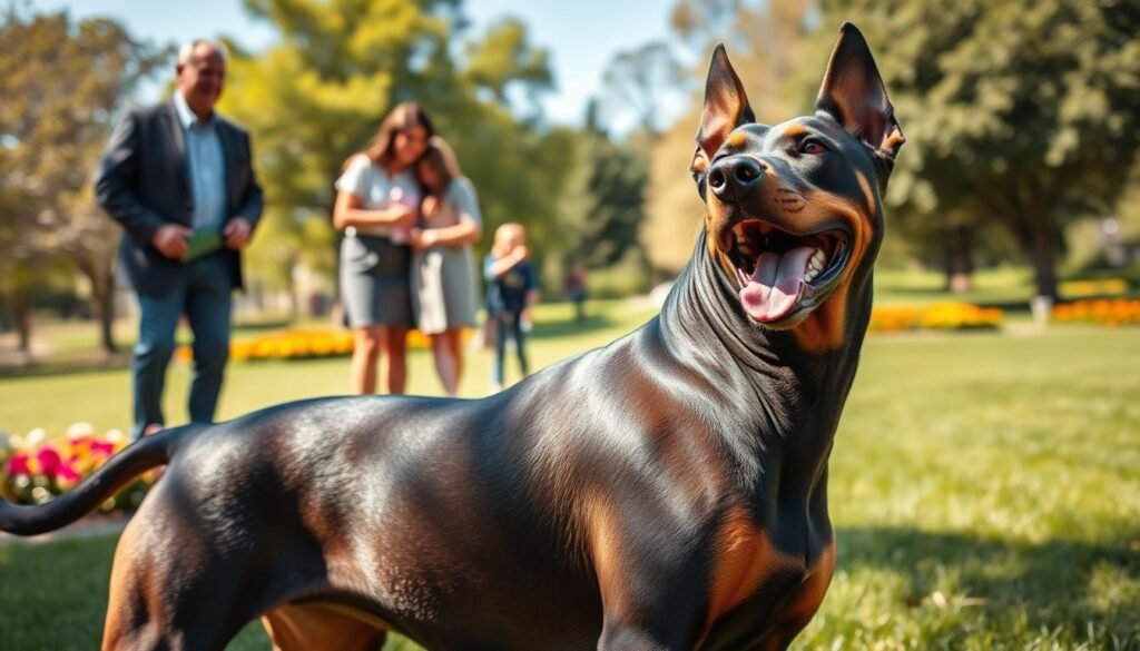 A Doberman-Pitbull mix dog, showcasing a strong and muscular build with sleek black fur accented by tan markings, plays energetically in a sunlit park. In the foreground, the dog is engaging with a small group of families, consisting of two adults and a child, all dressed in casual, professional attire, smiling and interacting positively with the dog. The middle ground includes lush green grass and colorful flowers, enhancing the inviting atmosphere. The background features trees and a clear blue sky, conveying a sense of openness and tranquility. The image has soft, natural lighting that highlights the dog's features and the joyful interactions, evoking a friendly and supportive mood that reflects the importance of socialization and training in building strong relationships. A Doberman-Pitbull mix dog, showcasing a strong and muscular build with sleek black fur accented by tan markings, plays energetically in a sunlit park. In the foreground, the dog is engaging with a small group of families, consisting of two adults and a child, all dressed in casual, professional attire, smiling and interacting positively with the dog. The middle ground includes lush green grass and colorful flowers, enhancing the inviting atmosphere. The background features trees and a clear blue sky, conveying a sense of openness and tranquility. The image has soft, natural lighting that highlights the dog's features and the joyful interactions, evoking a friendly and supportive mood that reflects the importance of socialization and training in building strong relationships.
