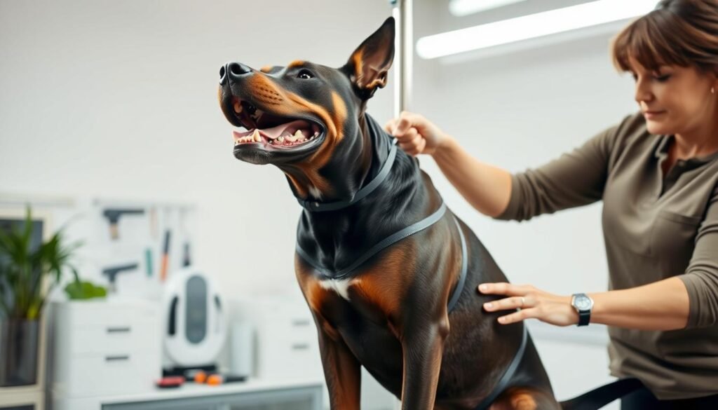 A Doberman-Pitbull mix dog, with a shiny black and tan coat, joyfully being groomed by a person in modest casual clothing, in a well-lit indoor space. In the foreground, the dog sits on a grooming table, its ears perked up and tail wagging, showcasing its muscular build and affectionate nature. The groomer, a middle-aged individual, gently brushes the dog's fur, conveying care and connection. In the middle, grooming tools such as brushes and clippers are neatly organized. The background features a bright room with soft natural light filtering through a window, creating a warm and inviting atmosphere. The overall mood is playful and nurturing, highlighting the grooming process as an essential part of the dog's care.