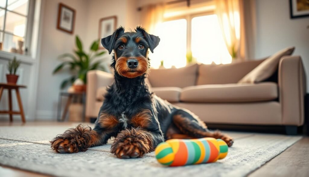 A Doberman-Poodle cross, showcasing its distinctive features, sits calmly in an inviting living room. The dog exhibits a sleek, athletic body with a wavy, low-shedding coat, blending the elegant traits of both breeds. Its expressive eyes convey intelligence and curiosity. In the foreground, a colorful dog toy lies nearby, symbolizing playfulness. The middle ground features a cozy couch and a sunlit window, casting warm natural light that creates a welcoming atmosphere. A few indoor plants enhance the freshness of the space. The overall mood is relaxed and friendly, capturing the dog's gentle and affectionate temperament while evoking a sense of companionship. Use a soft-focus lens to emphasize the warmth of the scene, with a slight depth of field to highlight the dog.