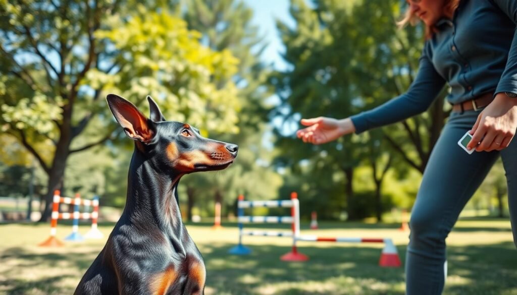 A Doberman Poodle mix, showcasing a sleek coat blending the distinctive features of both breeds, is engaging attentively with a trainer in a sunny park. In the foreground, the dog is in a focused pose, ears perked up, demonstrating its intelligence and eagerness to learn. The trainer, wearing modest casual attire, is encouraging the dog with a treat in hand, illustrating a positive training environment. In the middle ground, a variety of dog training equipment like cones and hurdles are visible, enhancing the training theme. The background features lush green trees and a clear blue sky, creating a bright, positive atmosphere. Soft sunlight filters through the leaves, providing a warm glow, capturing a moment of connection and dedication to training. The overall mood is uplifting and motivational.