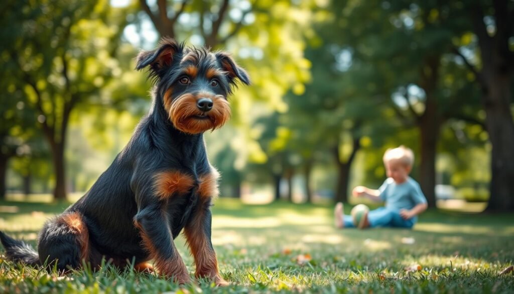 A Doberman-Poodle mix sits gracefully in a sunlit park, embodying a blend of elegance and playfulness. The dog exhibits a sleek, glossy coat with defined features—short, muscular legs and a soft, curly texture around the face, accentuating its hybrid nature. In the foreground, the dog is captured in a candid moment, its ears perked up and a friendly expression as it engages with a nearby child playing with a ball, showcasing its gentle temperament. In the background, lush green trees and soft grass create a serene atmosphere, with dappled sunlight filtering through the leaves. The image is shot from a low angle to emphasize the dog's stature and the sense of companionship, evoking a warm, family-friendly mood. A Doberman-Poodle mix sits gracefully in a sunlit park, embodying a blend of elegance and playfulness. The dog exhibits a sleek, glossy coat with defined features—short, muscular legs and a soft, curly texture around the face, accentuating its hybrid nature. In the foreground, the dog is captured in a candid moment, its ears perked up and a friendly expression as it engages with a nearby child playing with a ball, showcasing its gentle temperament. In the background, lush green trees and soft grass create a serene atmosphere, with dappled sunlight filtering through the leaves. The image is shot from a low angle to emphasize the dog's stature and the sense of companionship, evoking a warm, family-friendly mood.