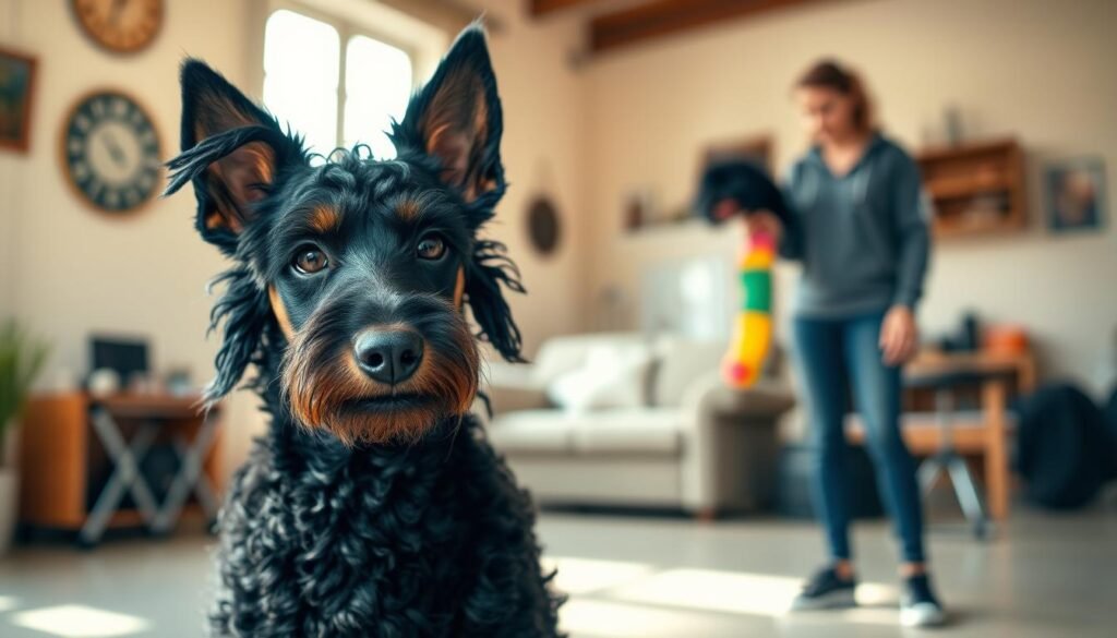 A Doberman Poodle mix stands proudly in a bright, sunlit room, showcasing its impressive intelligence and trainability. The dog, with a sleek, impressive black coat adorned with curly, soft patches, exudes confidence and focus. In the foreground, the dog’s alert expression is framed by its well-defined ears and expressive eyes. In the middle ground, a trainer, dressed in modest casual attire, engages with the dog using a colorful toy, highlighting the bond between them. The background features a cozy living space with training equipment and natural light filtering through a window, creating a warm atmosphere. The image captures the essence of intelligence and eagerness to learn, inviting viewers to appreciate this unique hybrid's remarkable traits. A Doberman Poodle mix stands proudly in a bright, sunlit room, showcasing its impressive intelligence and trainability. The dog, with a sleek, impressive black coat adorned with curly, soft patches, exudes confidence and focus. In the foreground, the dog’s alert expression is framed by its well-defined ears and expressive eyes. In the middle ground, a trainer, dressed in modest casual attire, engages with the dog using a colorful toy, highlighting the bond between them. The background features a cozy living space with training equipment and natural light filtering through a window, creating a warm atmosphere. The image captures the essence of intelligence and eagerness to learn, inviting viewers to appreciate this unique hybrid's remarkable traits.