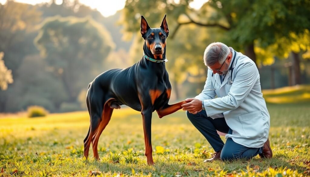 A Doberman Shepherd, demonstrating a strong and healthy physique, is standing majestically on a grassy field, showcasing its sleek coat. The dog exudes vitality and alertness, with its ears perked up and intelligent eyes focused forward. In the foreground, a veterinarian is kneeling beside the dog, gently examining its paw, wearing a white coat and holding a medical clipboard, emphasizing the health considerations. In the middle ground, a natural landscape with soft, dappled sunlight filtering through trees creates a serene environment. In the background, a subtle outline of a veterinary clinic is visible, blending harmoniously with the surroundings. The mood is calm and professional, highlighting the importance of health and care for this hybrid breed. The scene captures a warm, inviting atmosphere with a focus on companionship and wellness.