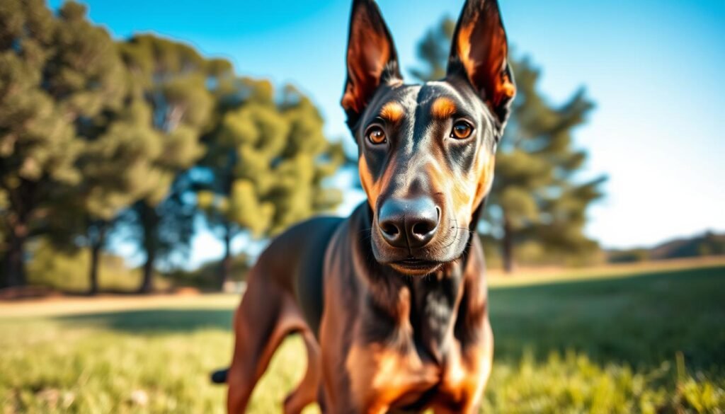 A Doberman Shepherd posed in a confident stance, showcasing its athletic build and strong musculature, combines the sleek, short coat of a Doberman with the sturdy frame of a German Shepherd. The foreground highlights the dog's expressive, alert eyes and powerful jaws, capturing the unique features that blend both breeds. In the middle ground, the dog stands on a grassy field, framed by trees under a bright blue sky, emphasizing its agility and energy. Soft, natural lighting illuminates the scene, casting gentle shadows and highlighting the dog’s coat texture. A slight lens tilt adds dynamism, evoking a mood of strength and loyalty, suitable for illustrating the hybrid's physical characteristics effectively.