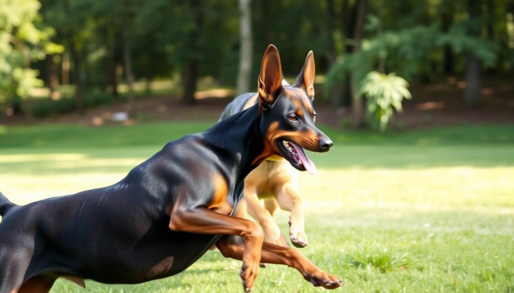 A Doberman and a German Shepherd engaged in a lively exercise session in a sunny park. In the foreground, the muscular Doberman with its sleek black and tan coat is playfully running alongside a German Shepherd, known for its distinctive tan and black fur, both showcasing their agility and strength. The middle background features green grass and a wooded area, suggesting a spacious, dog-friendly environment. Soft, natural lighting illuminates the scene, casting gentle shadows, and enhancing the dogs’ shiny coats. The angle captures the dynamic movement from a low perspective, evoking a sense of energy and camaraderie. The mood is vibrant and active, emphasizing the exercise needs of both breeds in a lively outdoor setting.