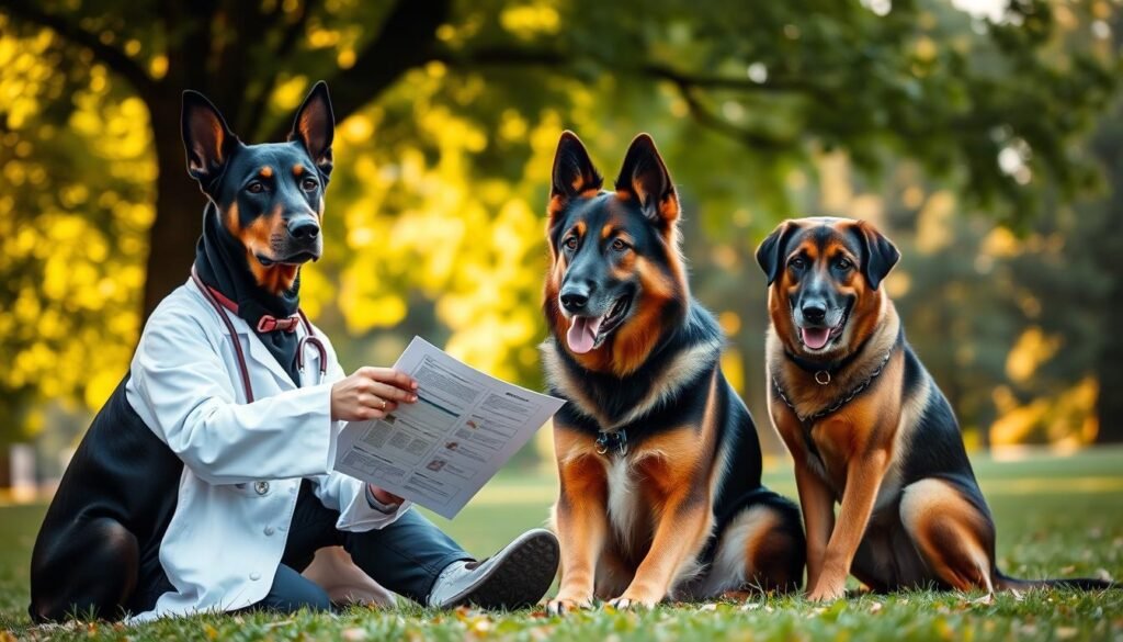 A Doberman and a German Shepherd sitting side by side in a serene park setting, representing their health concerns and care. The Doberman, glossy black and tan, showcases signs of potential hip dysplasia with a slight tilt of its body, while the German Shepherd, with its classic sable coat, appears alert yet exhibits a gentle demeanor hinting at common health issues like allergies or bloat. In the foreground, a veterinarian in a white coat kneels near them, examining health charts, symbolizing care and support. The background features lush green trees and soft, warm sunlight filtering through, creating a calming atmosphere. Use a medium focal length to capture the scene, highlighting the bond between the dogs and the caring professional, evoking a mood of concern mixed with hope. A Doberman and a German Shepherd sitting side by side in a serene park setting, representing their health concerns and care. The Doberman, glossy black and tan, showcases signs of potential hip dysplasia with a slight tilt of its body, while the German Shepherd, with its classic sable coat, appears alert yet exhibits a gentle demeanor hinting at common health issues like allergies or bloat. In the foreground, a veterinarian in a white coat kneels near them, examining health charts, symbolizing care and support. The background features lush green trees and soft, warm sunlight filtering through, creating a calming atmosphere. Use a medium focal length to capture the scene, highlighting the bond between the dogs and the caring professional, evoking a mood of concern mixed with hope.