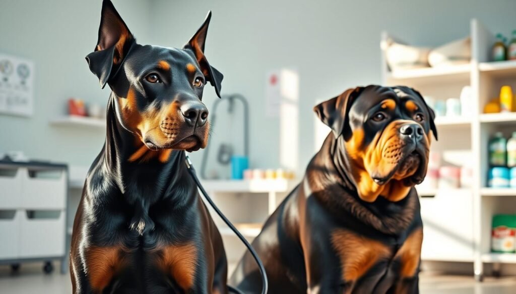 A Doberman and a Rottweiler are depicted sitting side by side in a serene veterinary clinic setting, their expressions calm yet attentive as they undergo a health check-up. In the foreground, the Doberman, sleek and elegant, is covered with a glossy black and tan coat, showcasing its strong build and alert demeanor. Beside it, the robust Rottweiler with its characteristic powerful stature and distinct markings gazes thoughtfully at a veterinarian. The middle ground features medical equipment, like a stethoscope and health charts, creating a clinical atmosphere. Soft, natural light streams in through a window, highlighting the dogs' shapes and casts gentle shadows, enhancing the peaceful mood. The background includes shelves filled with dog care products, emphasizing health and wellness.