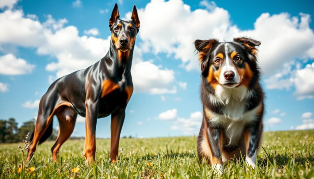 A Doberman and an Australian Shepherd standing side by side on a grassy field, illustrating their size comparison. The Doberman is tall and muscular with a sleek black and tan coat, showcasing its impressive stature. The Australian Shepherd, slightly shorter, has a vibrant merle coat with expressive eyes, reflecting its energetic nature. The foreground features a close-up view of the dogs, while the middle ground shows the lush green grass and some wildflowers. In the background, a bright blue sky with fluffy white clouds creates a serene atmosphere. Soft, natural lighting casts gentle shadows, emphasizing the dogs' features. The angle is slightly lowered to enhance the comparative size of both breeds, capturing their distinct characteristics in a warm, inviting setting.