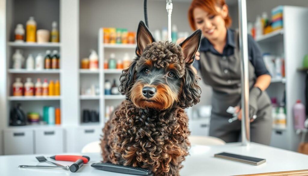 A Doberman cross Poodle being groomed in a well-lit pet grooming salon. In the foreground, a professional pet groomer in smart casual attire gently brushes the dog’s curly coat, showcasing the unique blend of the Doberman's sleek body and the Poodle's fluffy fur. The dog's ears are perked up, and its expressive eyes convey a calm demeanor, reflecting a content temperament. In the middle ground, various grooming tools like clippers, brushes, and shampoos are neatly arranged on a table. The background features shelves filled with pet care products and colorful grooming supplies, creating a welcoming atmosphere. Soft, natural light filters through a window, adding warmth to the scene and highlighting the dog's striking coat.