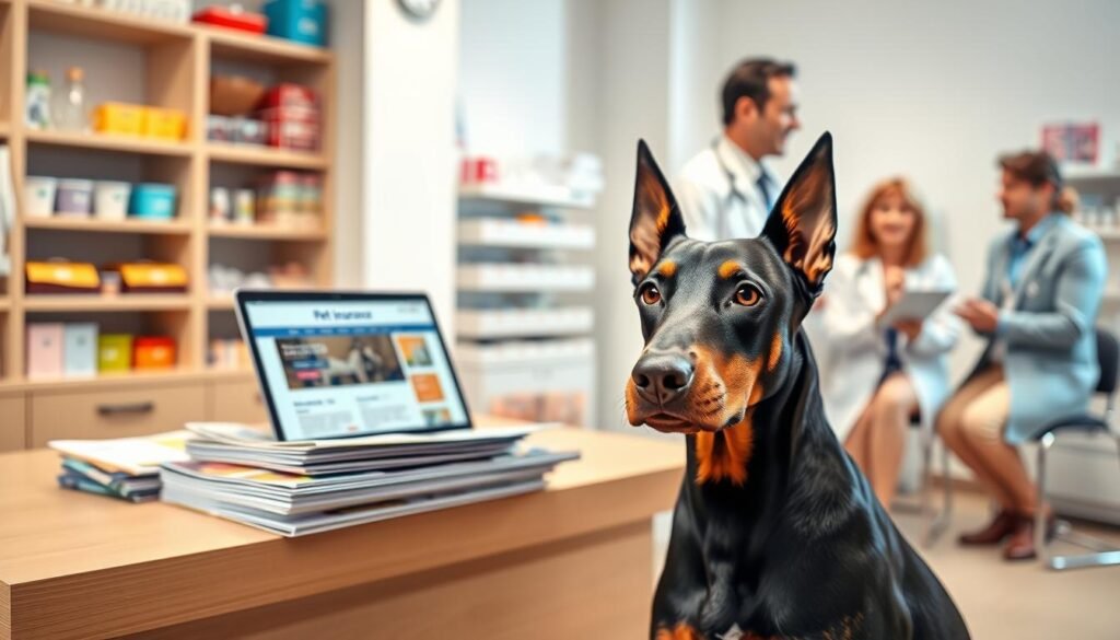A Doberman sitting attentively in a bright, airy veterinary clinic, surrounded by colorful pet insurance brochures. The foreground features the Doberman with its sleek coat, showcasing alert ears and bright eyes, exuding both strength and intelligence. In the middle ground, a well-organized desk displays a stack of informative pet insurance documents and a laptop open to a pet insurance website, emphasizing the financial aspect of pet ownership. The background is softly blurred, revealing shelves filled with pet care supplies and a friendly veterinarian in professional attire, discussing pet insurance with a concerned pet owner, set in warm, welcoming lighting. The overall mood is informative and comforting, illustrating the importance of pet insurance for Doberman owners.