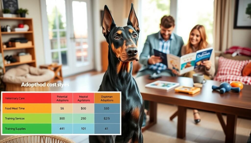 A Doberman sitting proudly in a cozy, inviting home environment, symbolizing the joy and responsibilities of dog adoption. In the foreground, a colorful chart showing potential adoption costs detailed with icons representing veterinary care, food, training, and supplies. The middle ground features a table with a friendly couple examining brochures from Doberman rescue organizations, dressed in casual but neat clothing, smiling with enthusiasm. The background includes a large window letting in soft, natural light, illuminating a welcoming space with dog toys and a comfy dog bed. The overall mood is warm and hopeful, emphasizing the financial aspects of adopting a Doberman while creating an inviting atmosphere for prospective adopters. A Doberman sitting proudly in a cozy, inviting home environment, symbolizing the joy and responsibilities of dog adoption. In the foreground, a colorful chart showing potential adoption costs detailed with icons representing veterinary care, food, training, and supplies. The middle ground features a table with a friendly couple examining brochures from Doberman rescue organizations, dressed in casual but neat clothing, smiling with enthusiasm. The background includes a large window letting in soft, natural light, illuminating a welcoming space with dog toys and a comfy dog bed. The overall mood is warm and hopeful, emphasizing the financial aspects of adopting a Doberman while creating an inviting atmosphere for prospective adopters.