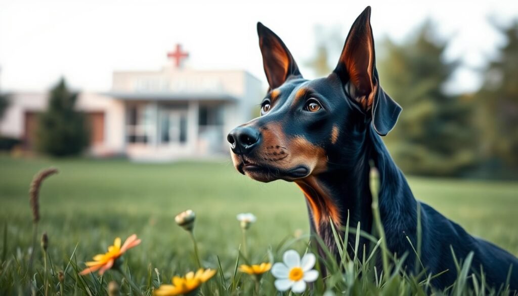 A Doberman with floppy ears sits in a lush green park, showcasing a close-up view of its graceful but slightly drooping ears. The dog’s eyes emanate a mix of curiosity and concern, hinting at potential health implications related to its ear shape. In the foreground, vibrant wildflowers add a touch of color, while a subtle breeze gently ruffles the grass. The middle ground includes a blurred silhouette of a veterinary clinic, symbolizing health care. Soft, natural lighting highlights the dog's unique features, and the angle captures a slightly tilted perspective, enhancing the dog’s expression. The atmosphere is contemplative, inviting viewers to reflect on the connection between ear shape and health in Dobermans.