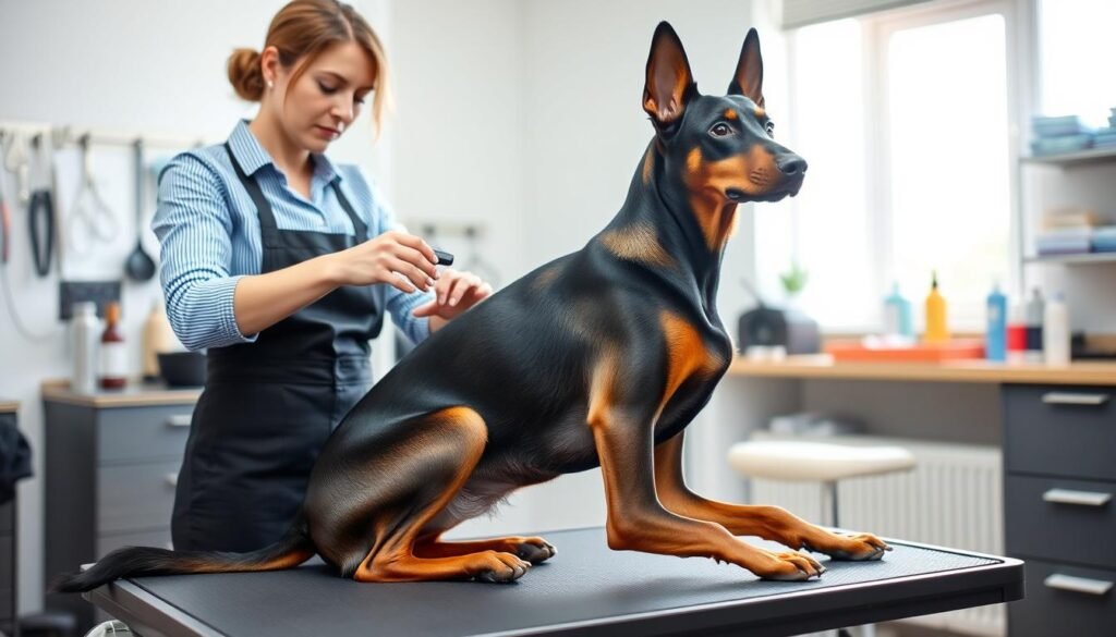 A GSD X Doberman hybrid dog sits on a grooming table, showcasing its sleek, muscular body and short, glossy fur. The dog has a glossy black and tan coat with distinctive markings inspired by both parent breeds, emphasizing its unique hybrid nature. A professional groomer, dressed in smart casual attire, gently brushes the dog, highlighting the care required for maintaining its coat. In the background, a well-lit grooming studio with grooming tools and products neatly organized reflects a clean, calming atmosphere. Soft, natural light filters in through a nearby window, creating a warm and welcoming environment. The focus is on the harmonious interaction between the groomer and the dog, conveying the bond formed during grooming sessions. A GSD X Doberman hybrid dog sits on a grooming table, showcasing its sleek, muscular body and short, glossy fur. The dog has a glossy black and tan coat with distinctive markings inspired by both parent breeds, emphasizing its unique hybrid nature. A professional groomer, dressed in smart casual attire, gently brushes the dog, highlighting the care required for maintaining its coat. In the background, a well-lit grooming studio with grooming tools and products neatly organized reflects a clean, calming atmosphere. Soft, natural light filters in through a nearby window, creating a warm and welcoming environment. The focus is on the harmonious interaction between the groomer and the dog, conveying the bond formed during grooming sessions.