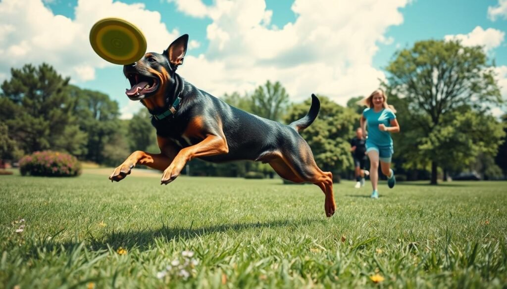 A German Shepherd-Doberman mix, showcasing its strong and athletic build, is energetically playing in a lush green park. The dog has a striking black and brown coat with floppy ears, reflecting both parent breeds' characteristics. In the foreground, the mixed breed is caught mid-action, leaping to catch a frisbee. The dog's joyful expression conveys excitement and enthusiasm for exercise. In the middle ground, the park is vibrant with blooming flowers and a few scattered trees where a couple of people are casually jogging, dressed in sports attire, emphasizing a healthy lifestyle. The background features a bright blue sky with fluffy white clouds, creating a cheerful atmosphere. The image is taken from a low angle to emphasize the dog's dynamic movement with natural sunlight casting soft shadows, enhancing the scene's warmth.