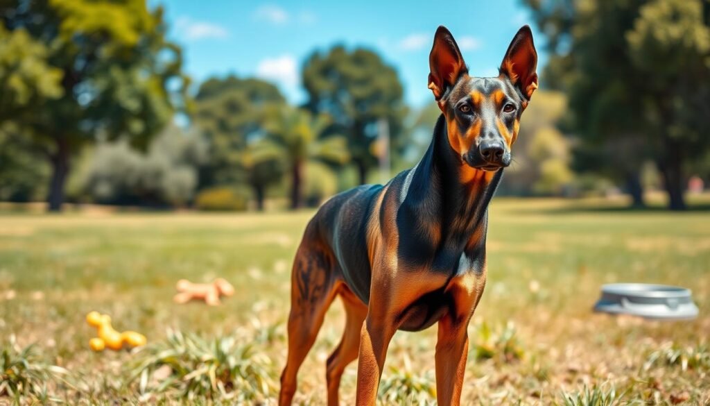 A German Shepherd-Doberman mix standing confidently in a grassy field, showcasing its strong build and distinctive features. The dog has a sleek, short coat with a mix of the Doberman’s shiny black and rust colors, and the German Shepherd’s traditional tan patterns. In the foreground, the dog is alert, ears perked up naturally, depicting a curious gaze that reflects intelligence and athleticism. The middle ground features a few playful toys and a water bowl to emphasize care needs. In the background, a soft-focus park scene with trees and a bright blue sky creates an inviting atmosphere. The lighting is warm and natural, suggesting a sunny afternoon. The mood is vibrant yet calm, capturing the essence of health considerations for this beloved crossbreed.