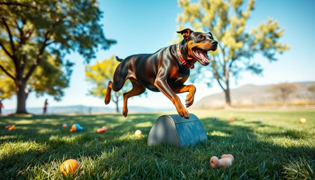 A Rottweiler-Doberman mix dog, showcasing a strong, muscular build and smooth coat, is energetically playing in an open park setting. The dog is in mid-action: leaping over a small obstacle, with a joyful expression, capturing the essence of its exercise needs. In the foreground, lush green grass and scattered colorful toys create a vibrant scene. The middle ground features a few trees providing dappled sunlight, enhancing the dog's sleek fur. In the background, a clear blue sky and distant hills complete the tranquil yet lively atmosphere. The lighting is bright and natural, highlighting the dog's athletic form. The camera angle is slightly low, emphasizing the dog's dynamic pose while maintaining the surroundings in sharp focus, conveying a sense of vitality and companionship. A Rottweiler-Doberman mix dog, showcasing a strong, muscular build and smooth coat, is energetically playing in an open park setting. The dog is in mid-action: leaping over a small obstacle, with a joyful expression, capturing the essence of its exercise needs. In the foreground, lush green grass and scattered colorful toys create a vibrant scene. The middle ground features a few trees providing dappled sunlight, enhancing the dog's sleek fur. In the background, a clear blue sky and distant hills complete the tranquil yet lively atmosphere. The lighting is bright and natural, highlighting the dog's athletic form. The camera angle is slightly low, emphasizing the dog's dynamic pose while maintaining the surroundings in sharp focus, conveying a sense of vitality and companionship.