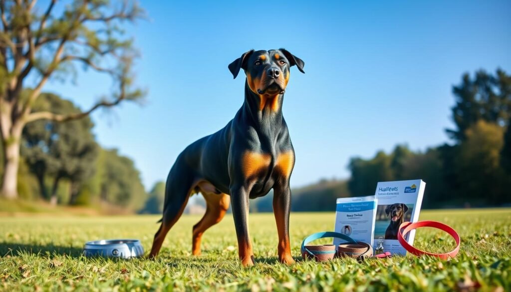 A Rottweiler-Doberman mix standing on a grassy field, showcasing its robust physique and sleek coat. The foreground features the dog in a playful stance, its muscular build and distinctive color patterns prominently displayed under soft, natural daylight. In the middle ground, a variety of health-related items related to dogs, such as a dog food bowl, a leash, and a health pamphlet, are arranged neatly to imply care and attention. The background consists of a serene park setting with trees and a clear blue sky, evoking a sense of well-being and vitality. Capture a warm and inviting atmosphere, with soft focus on the background to keep the emphasis on the dog and health items, using a slightly elevated angle and natural lighting to create a fresh, positive mood. A Rottweiler-Doberman mix standing on a grassy field, showcasing its robust physique and sleek coat. The foreground features the dog in a playful stance, its muscular build and distinctive color patterns prominently displayed under soft, natural daylight. In the middle ground, a variety of health-related items related to dogs, such as a dog food bowl, a leash, and a health pamphlet, are arranged neatly to imply care and attention. The background consists of a serene park setting with trees and a clear blue sky, evoking a sense of well-being and vitality. Capture a warm and inviting atmosphere, with soft focus on the background to keep the emphasis on the dog and health items, using a slightly elevated angle and natural lighting to create a fresh, positive mood.