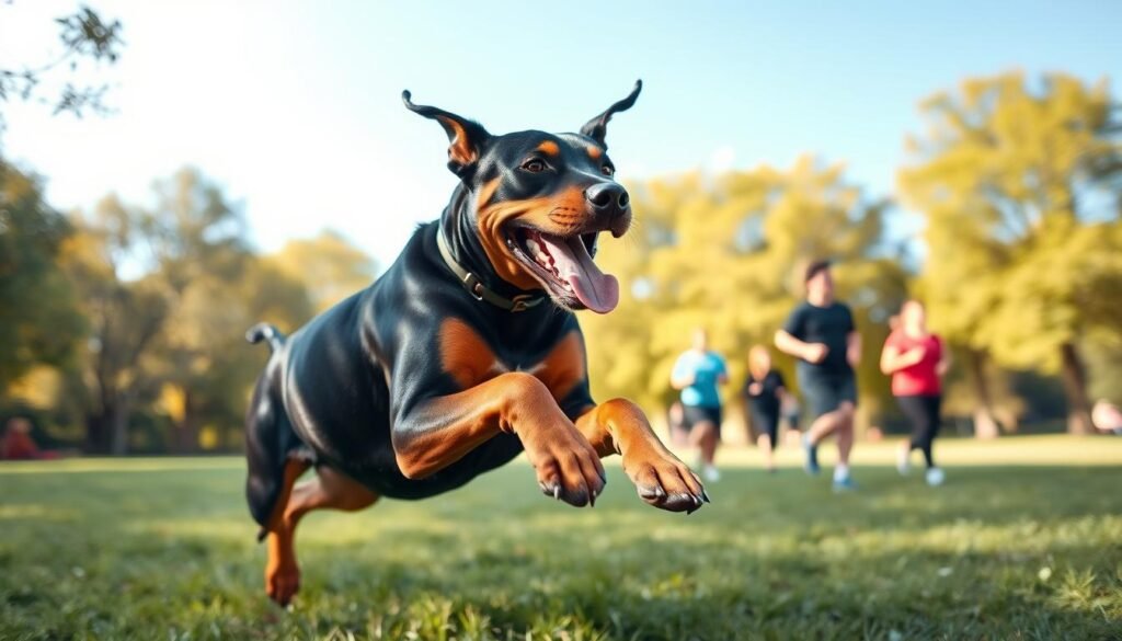 A Rottweiler and Doberman mix dog, with a sleek, muscular build and a glossy coat showcasing a blend of deep black and rich tan markings, is energetically playing in a lush green park. In the foreground, the dog is in mid-leap, displaying its athleticism and vitality, with its ears perked up and tongue out in a joyful expression. In the middle ground, a vibrant setting includes several people jogging and exercising, embodying an active lifestyle. The background features softly blurred trees and a bright blue sky, with gentle sunlight filtering through the leaves, creating a warm, inviting atmosphere. The angle captures a dynamic view, emphasizing the dog's energy and the essence of exercise needs for this mix breed.
