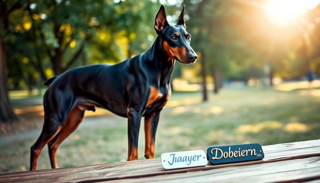 A beautifully composed image featuring a majestic Doberman in the foreground, standing proudly against a softly blurred park setting. The dog is showcasing its sleek, muscular frame and shiny black and tan coat, embodying strength and loyalty. In the middle ground, a collection of 5-6 small name tags with popular Doberman names elegantly arranged on a wooden surface, each tag creatively designed with different colors and fonts. In the background, a serene park landscape with gentle sunlight filtering through lush green trees, creating a warm and inviting atmosphere. The image captures the essence of companionship and playful energy, with a focus on the elegance of Doberman names. Soft natural lighting enhances the overall mood, while a shallow depth of field draws the viewer's attention to the dog and the name tags. A beautifully composed image featuring a majestic Doberman in the foreground, standing proudly against a softly blurred park setting. The dog is showcasing its sleek, muscular frame and shiny black and tan coat, embodying strength and loyalty. In the middle ground, a collection of 5-6 small name tags with popular Doberman names elegantly arranged on a wooden surface, each tag creatively designed with different colors and fonts. In the background, a serene park landscape with gentle sunlight filtering through lush green trees, creating a warm and inviting atmosphere. The image captures the essence of companionship and playful energy, with a focus on the elegance of Doberman names. Soft natural lighting enhances the overall mood, while a shallow depth of field draws the viewer's attention to the dog and the name tags.